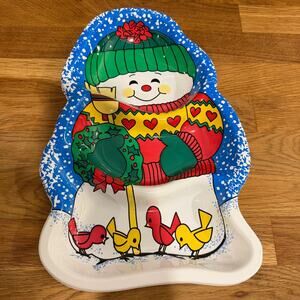 Snowman Cardinals Plastic Serving Tray Divided Vintage Holiday Berman Ind. Birds